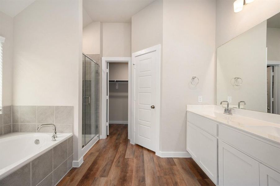 he master en-suite ft a soaking tub and a separate shower, double sink vanity and a walk in spacious walk in closet.