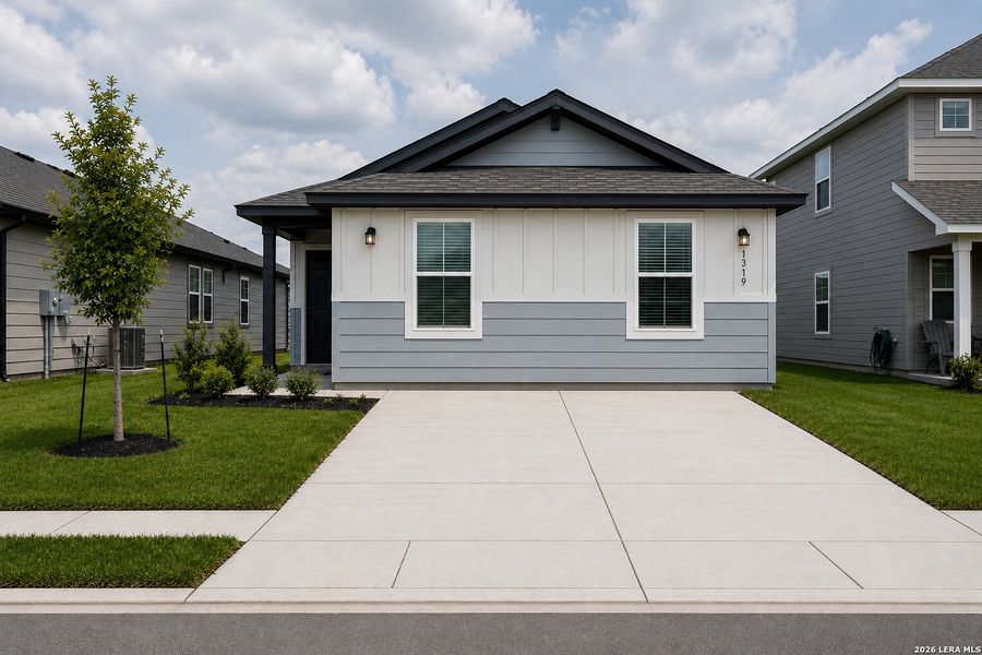 Front exterior of a new home in Vista Real, Converse, TX, highlighting curb appeal (Image 1). Front exterior of a new home in Vista Real, Converse, TX, highlighting curb appeal (Image 1).