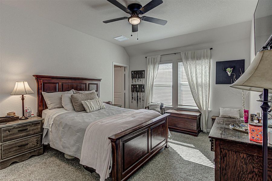 Carpeted bedroom with a ceiling fan and vaulted ceiling