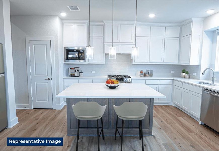 Kitchen with a kitchen breakfast bar, a center island, stainless steel appliances, decorative light fixtures, and tasteful backsplash