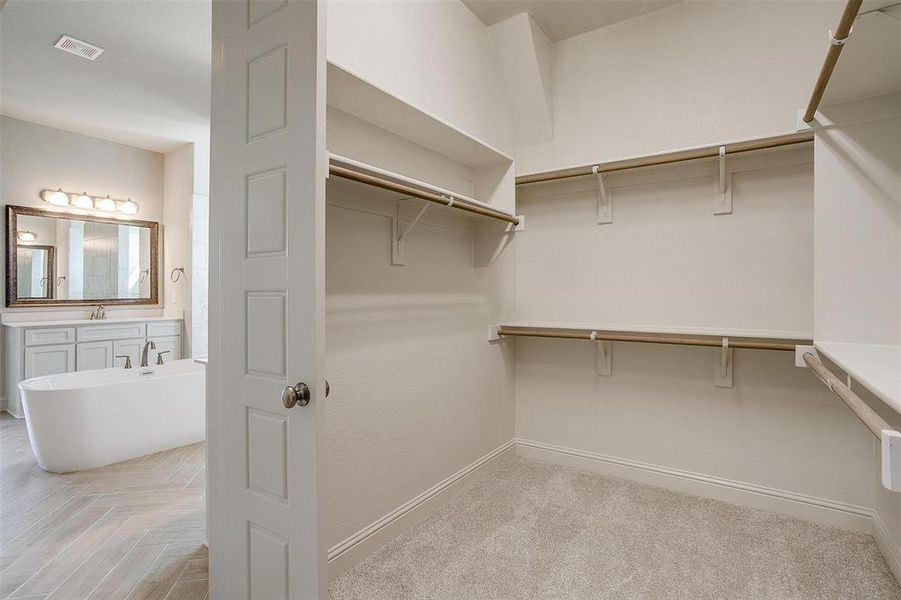 Spacious closet featuring sink and light parquet flooring