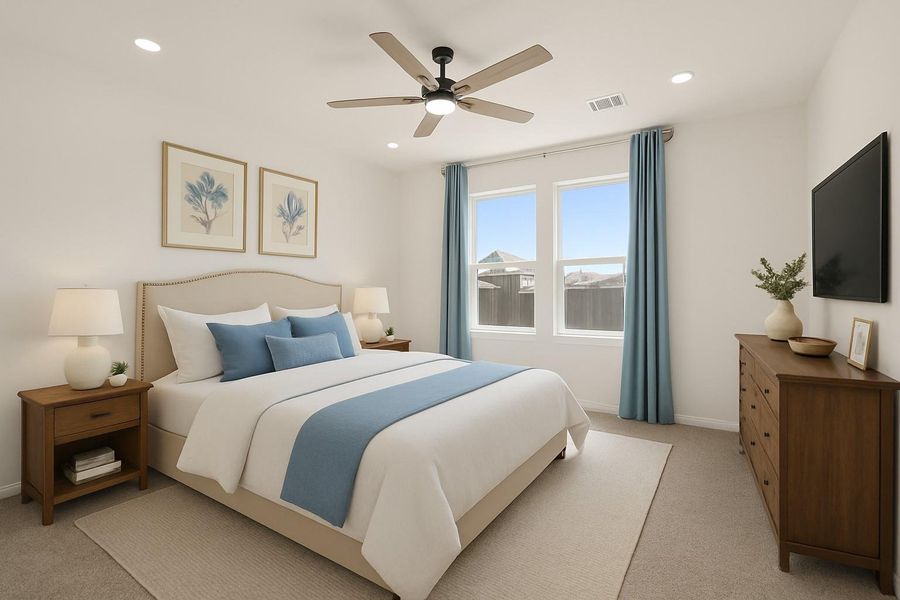 The primary bedroom welcomes you with bright natural light, plush carpet, and a ceiling fan. It sits at the back of the home offering additional privacy and easily fits a king size bed plus furniture!  *This room has been virtually staged