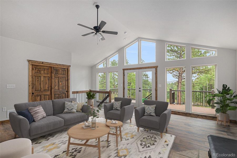 Living Room with floor to ceiling windows. Virtually Staged