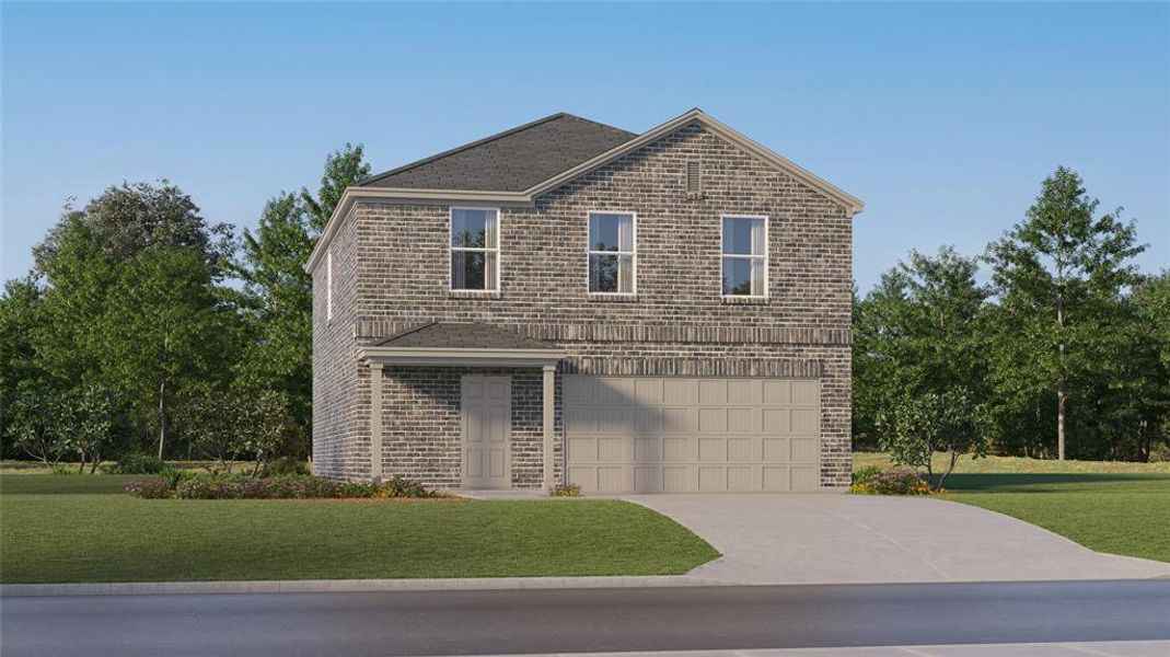 Traditional home featuring concrete driveway, a garage, brick siding, and a front yard Traditional home featuring concrete driveway, a garage, brick siding, and a front yard