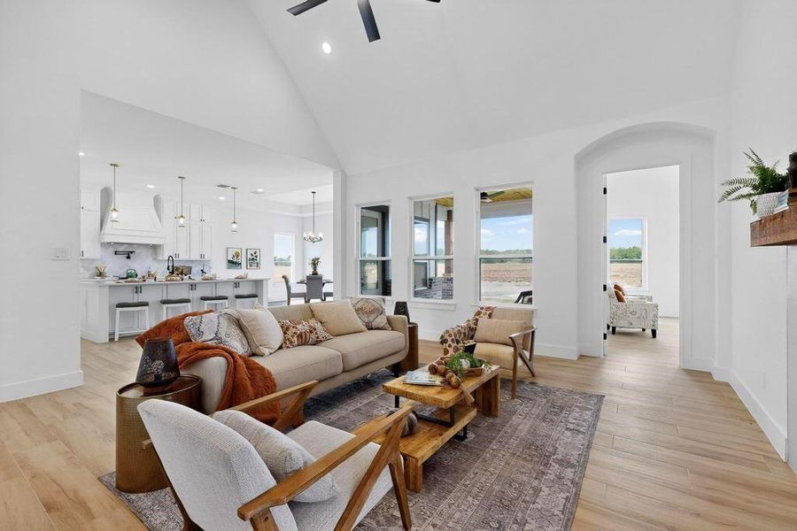 Living room with high vaulted ceiling, light wood-type flooring, and recessed lighting Living room with high vaulted ceiling, light wood-type flooring, and recessed lighting