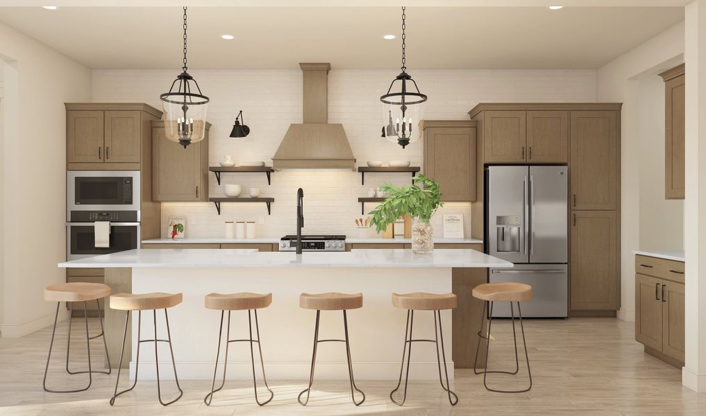 Kitchen with floating shelves and pendant lighting Kitchen with floating shelves and pendant lighting