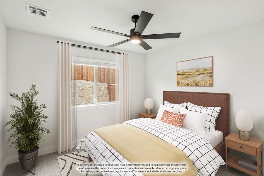 Bedroom with ceiling fan, upholstered headboard, and window with sheer curtains Bedroom with ceiling fan, upholstered headboard, and window with sheer curtains