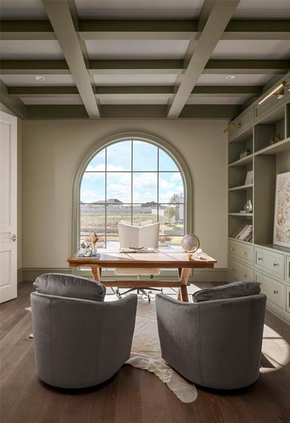 Living area featuring beam ceiling, coffered ceiling, wood finished floors, and a desk Living area featuring beam ceiling, coffered ceiling, wood finished floors, and a desk