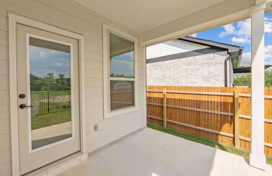 Exterior details and patio area of a home in Saddleback at Santa Rita Ranch, Liberty Hill (Image 2). Exterior details and patio area of a home in Saddleback at Santa Rita Ranch, Liberty Hill (Image 2).