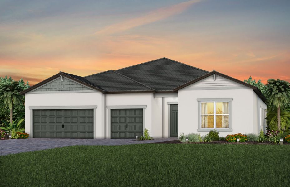 Representative exterior photo of a completed home built from the Renown by Del Webb in Del Webb Explore North River Ranch, Parrish, FL (Image 19). Representative exterior photo of a completed home built from the Renown by Del Webb in Del Webb Explore North River Ranch, Parrish, FL (Image 19).