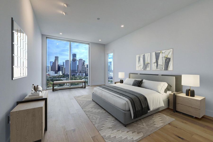 Primary bedroom features east views, two walk in closets and custom art lighting. Primary bedroom features east views, two walk in closets and custom art lighting.