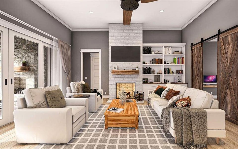 Living area with a barn door, light wood finished floors, crown molding, a fireplace, and french doors Living area with a barn door, light wood finished floors, crown molding, a fireplace, and french doors
