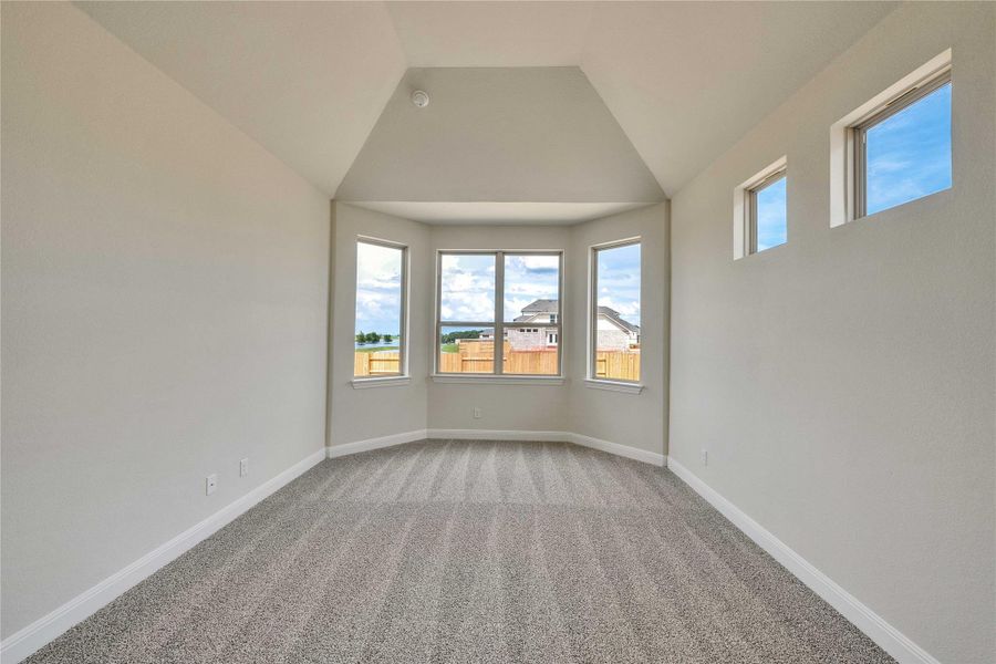 Empty room with carpet flooring and vaulted ceiling Empty room with carpet flooring and vaulted ceiling