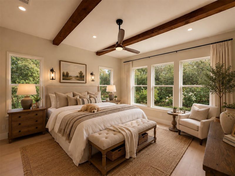 Rich wood beams and large windows bring architectural warmth to this peaceful bedroom retreat.Virtual Staging. Rich wood beams and large windows bring architectural warmth to this peaceful bedroom retreat.Virtual Staging.