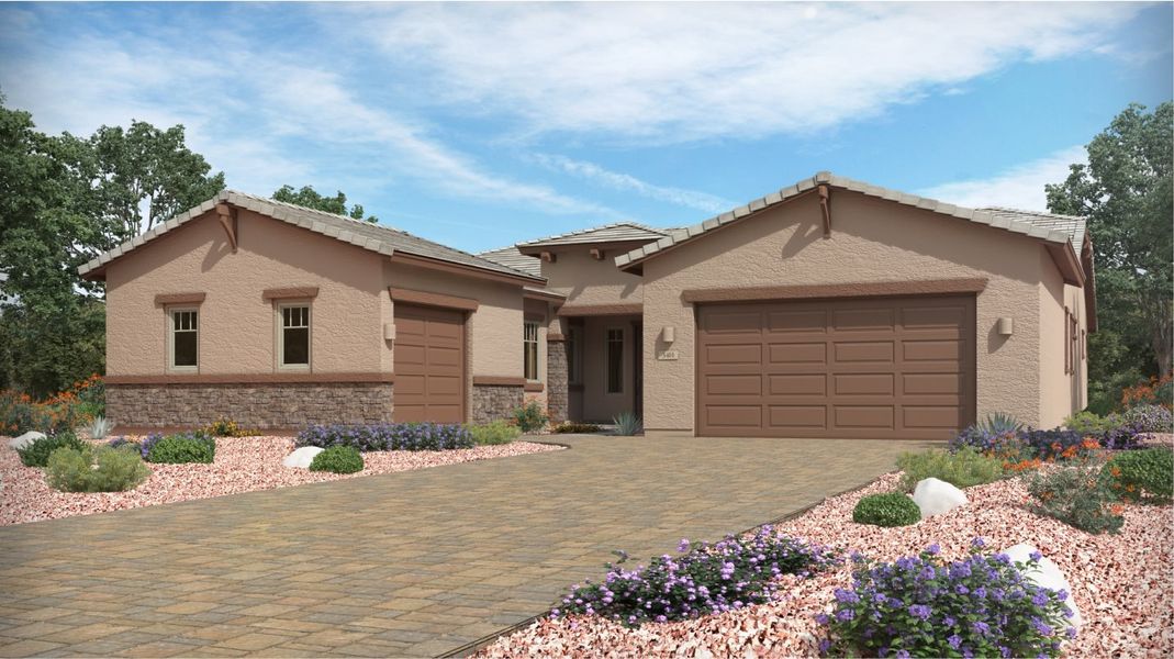 Front exterior of a new home in Los Saguaros, Marana, AZ, highlighting curb appeal (Image 1). Front exterior of a new home in Los Saguaros, Marana, AZ, highlighting curb appeal (Image 1).