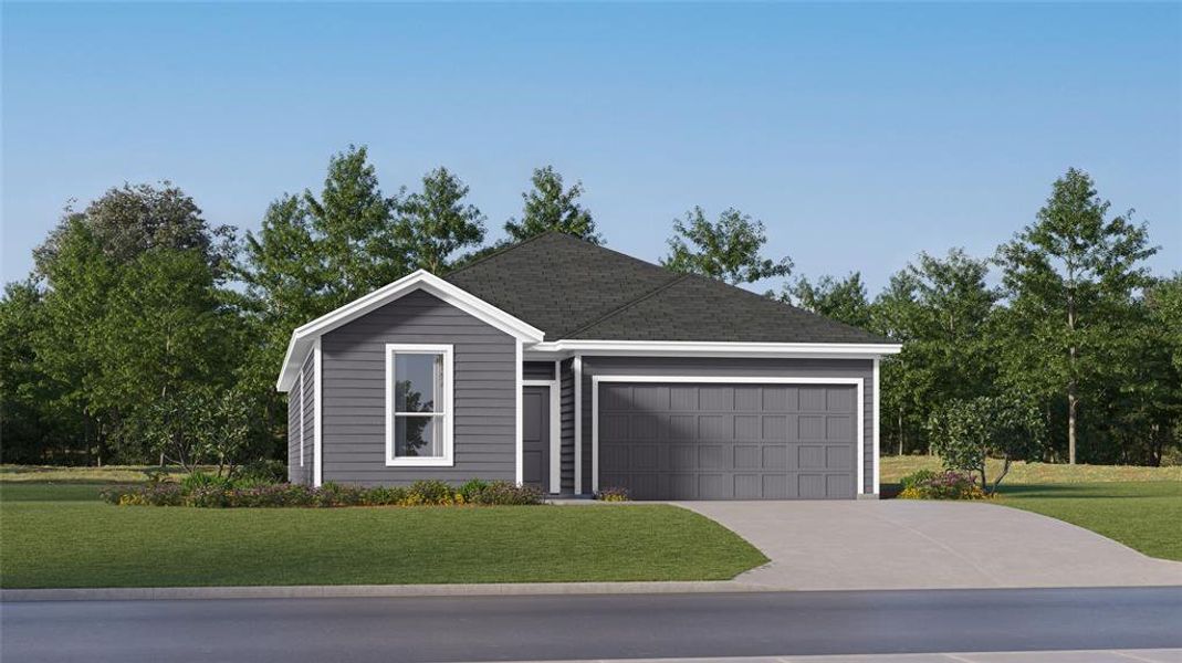 Single story home featuring a garage and a front lawn