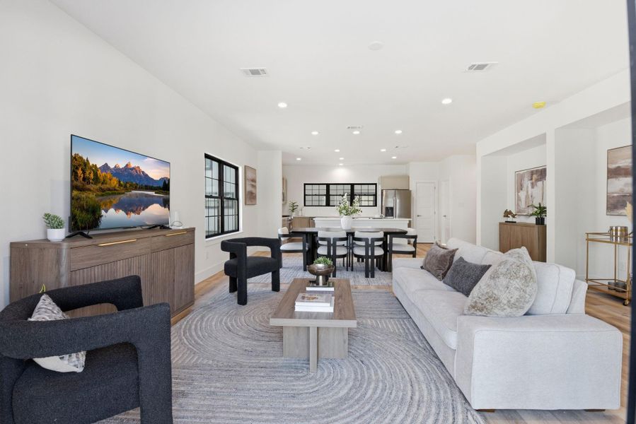 Spacious second-floor living area with ZERO CARPET, open layout, offering plenty of room and flexible use for entertaining, relaxing, or work-from-home setups. Spacious second-floor living area with ZERO CARPET, open layout, offering plenty of room and flexible use for entertaining, relaxing, or work-from-home setups.