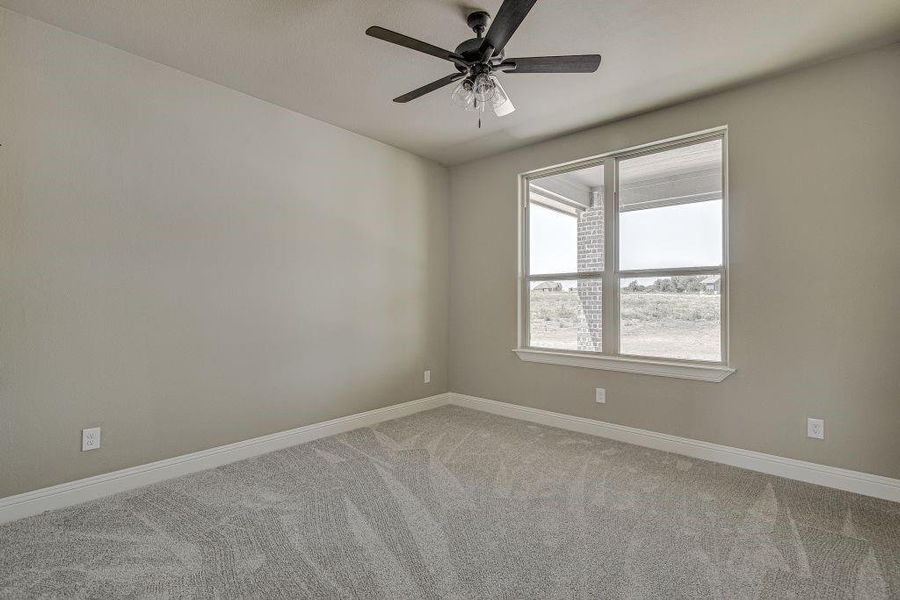 Unfurnished room featuring carpet flooring and ceiling fan