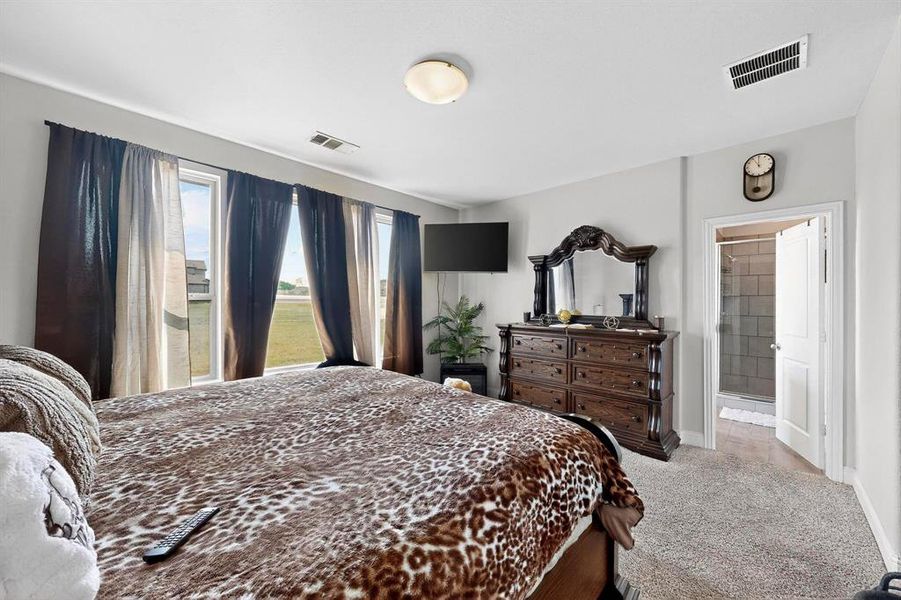 Bedroom featuring carpet flooring and connected bathroom Bedroom featuring carpet flooring and connected bathroom