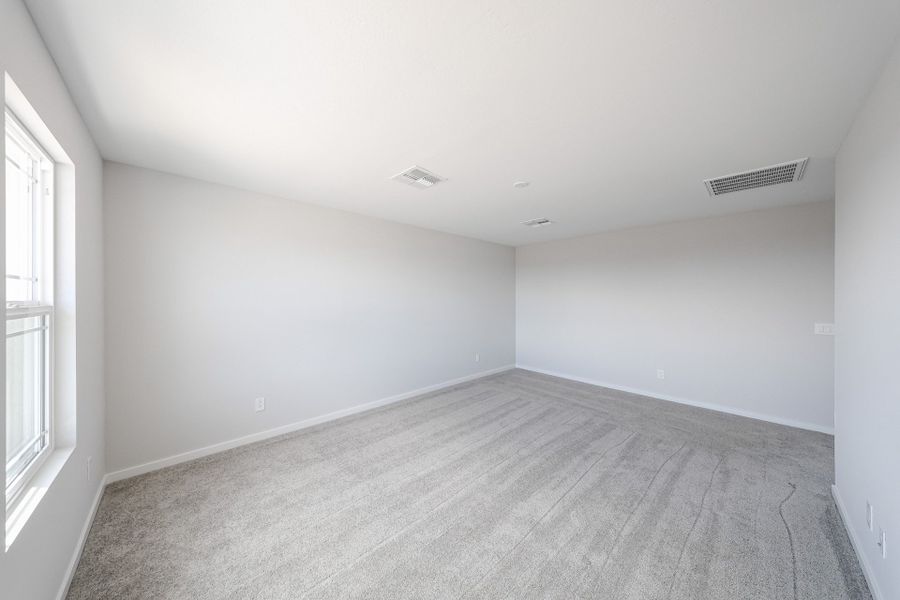 A room with a carpet and windows.