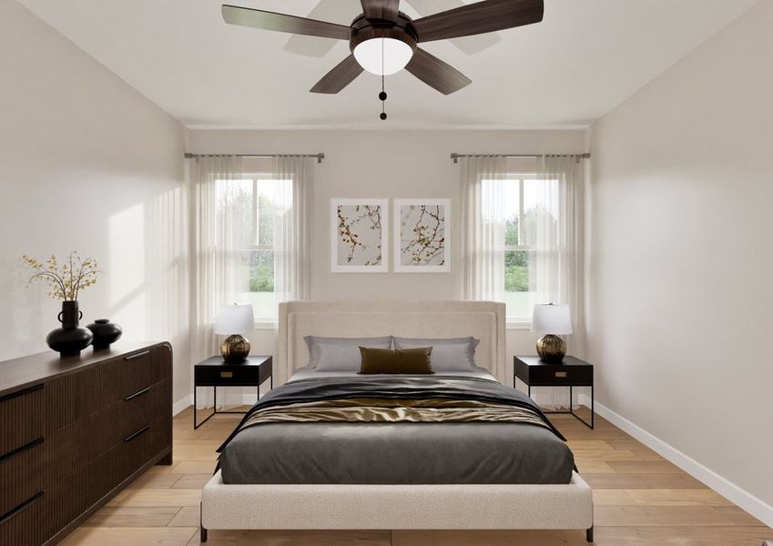 A minimalist bedroom with a bed centered between two windows, sheer curtains, and botanical art. Neutral tones, modern dresser, and sleek bedside lamps create a calm, inviting ambiance. A minimalist bedroom with a bed centered between two windows, sheer curtains, and botanical art. Neutral tones, modern dresser, and sleek bedside lamps create a calm, inviting ambiance.
