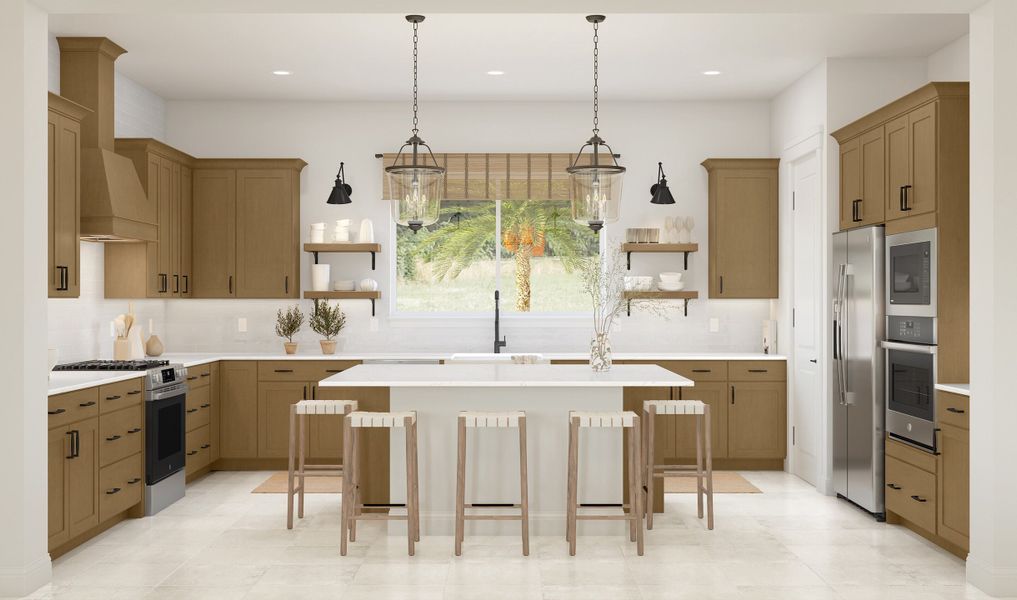 Quartz countertops & pendant lighting