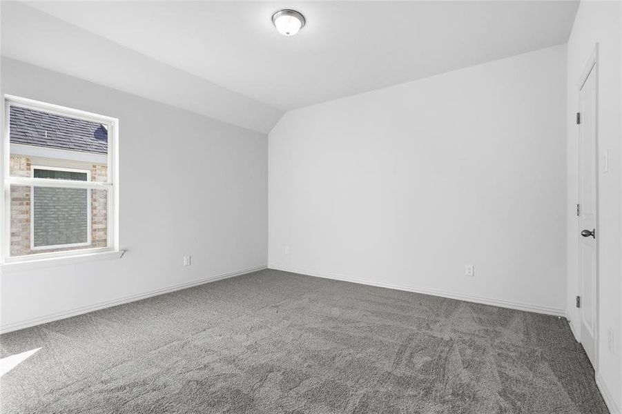 Unfurnished room with carpet floors and lofted ceiling