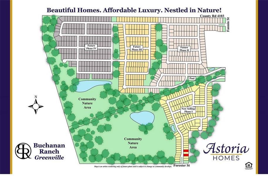 Buchanan Ranch is a master planned community with large nature area, winding walking trails, ponds, and future pool & amenity center with gym in phase 2.