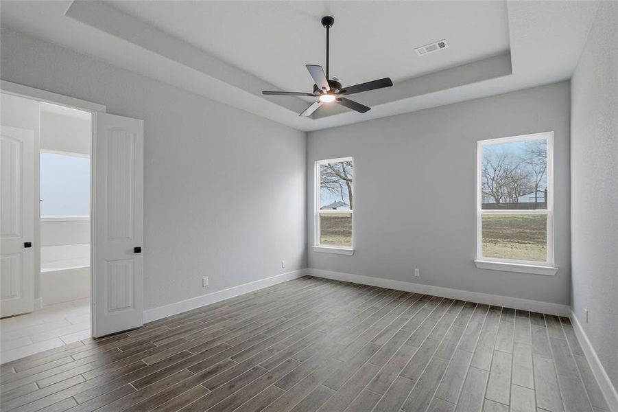 Unfurnished room with a tray ceiling, wood finish floors, and a ceiling fan
