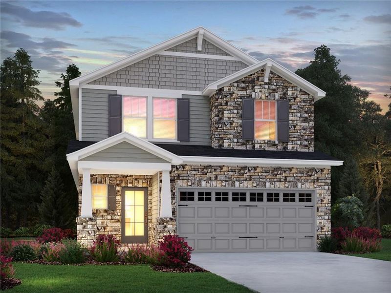 Front exterior of a new home in Hemingway - Reserve Series, Cumming, GA, highlighting curb appeal (Image 1). Front exterior of a new home in Hemingway - Reserve Series, Cumming, GA, highlighting curb appeal (Image 1).