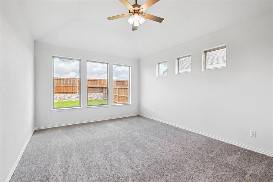 Carpeted spare room with a wealth of natural light, ceiling fan, and lofted ceiling