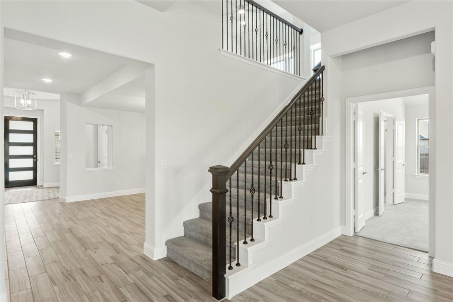 Bright home entryway with carpeted staircase, dark wood and iron railing, and light hardwood floors