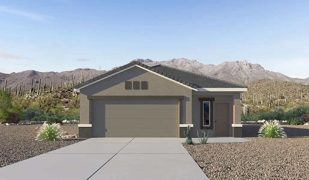 Front exterior of a new home in Hanson Ridge, Vail, AZ, highlighting curb appeal (Image 1). Front exterior of a new home in Hanson Ridge, Vail, AZ, highlighting curb appeal (Image 1).