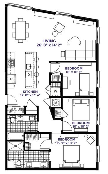 2D floor plan layout for the 3 Bedroom by White Oak Properties in City Port, Durham, NC (Image 2).