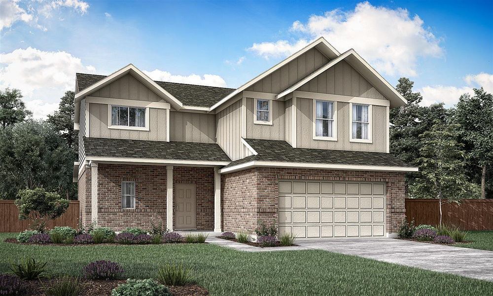 Front exterior of a new home in Village at Manor Commons, Manor, TX, highlighting curb appeal (Image 21).
