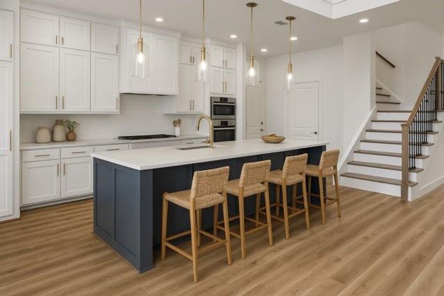Kitchen featuring double oven, light wood-style flooring, white cabinets, cooktop, and recessed lighting virtually staged