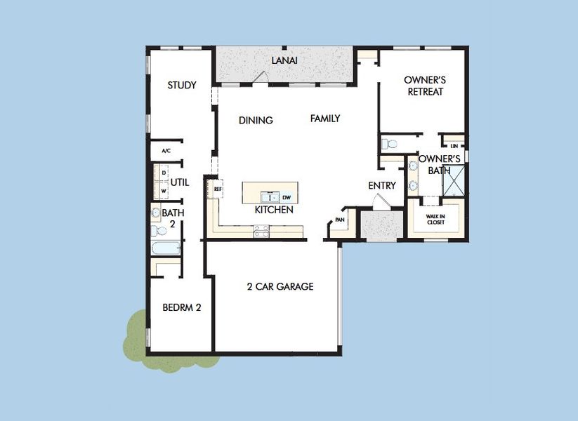 2D floor plan layout for the The Hornbeam by David Weekley Homes in Waterset Bungalow Series, Apollo Beach, FL (Image 3).