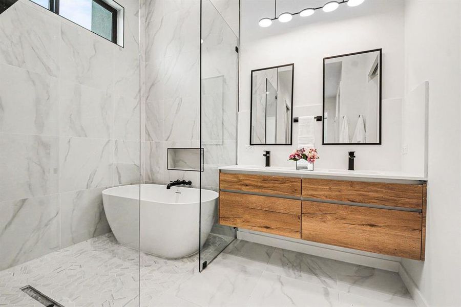 A deep soaking tub to relax and unwind.