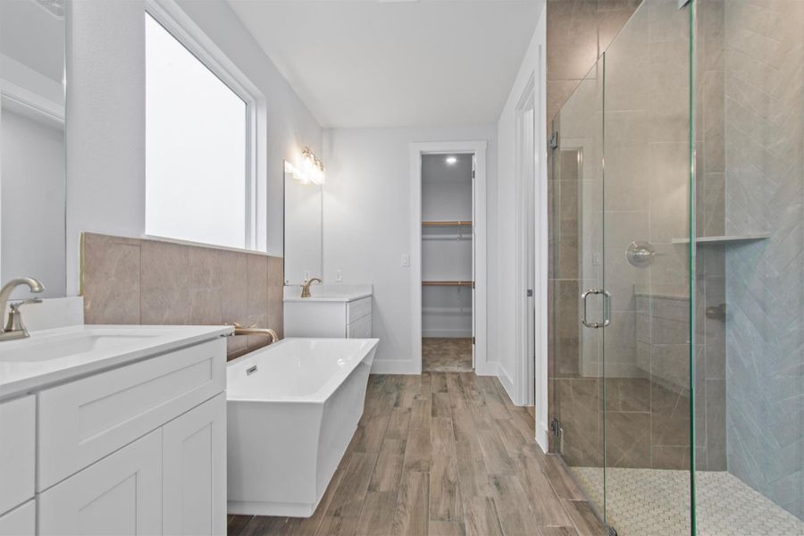 Bathroom with hardwood / wood-style flooring, vanity, and shower with separate bathtub