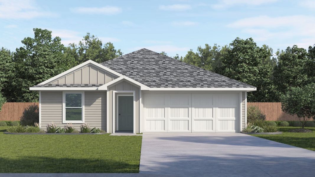 Front exterior of a new home in Talavera, Kyle, TX, highlighting curb appeal (Image 1). Front exterior of a new home in Talavera, Kyle, TX, highlighting curb appeal (Image 1).