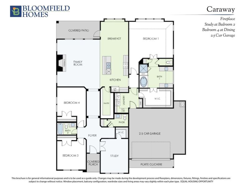 Bloomfield Homes Caraway floor plan with four bedrooms, kitchen, family room, study, and 2.5-car garage. Bloomfield Homes Caraway floor plan with four bedrooms, kitchen, family room, study, and 2.5-car garage.