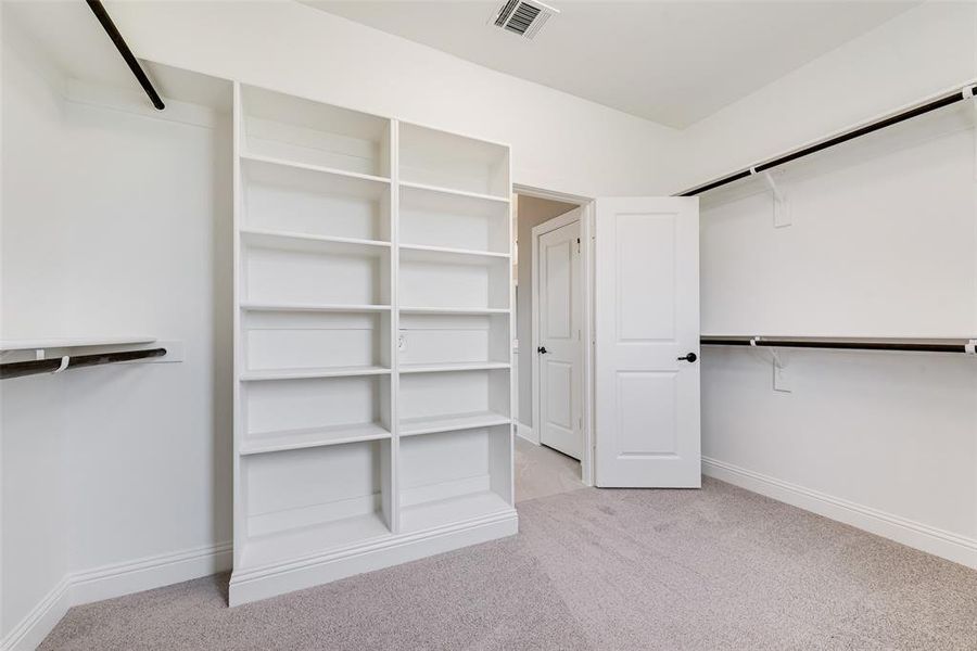 Spacious closet with light carpet