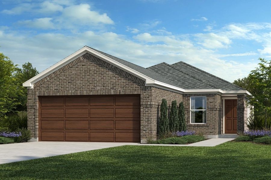 Front exterior of a new home in Salerno - Heritage Collection, Round Rock, TX, highlighting curb appeal (Image 1). Front exterior of a new home in Salerno - Heritage Collection, Round Rock, TX, highlighting curb appeal (Image 1).