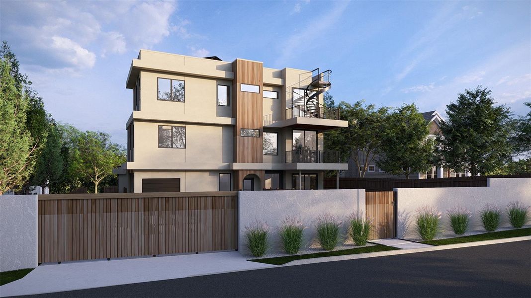 A modern facade with striking architectural lines and a spiral staircase to an upper-level balcony. A modern facade with striking architectural lines and a spiral staircase to an upper-level balcony.