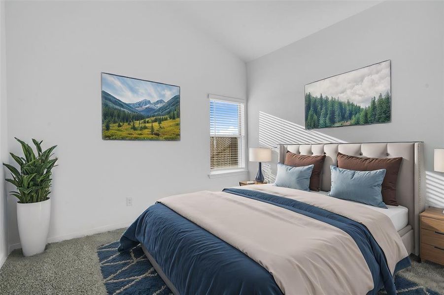 Secondary bedroom features plush carpet, neutral paint, high ceilings, and a large window with privacy blinds.