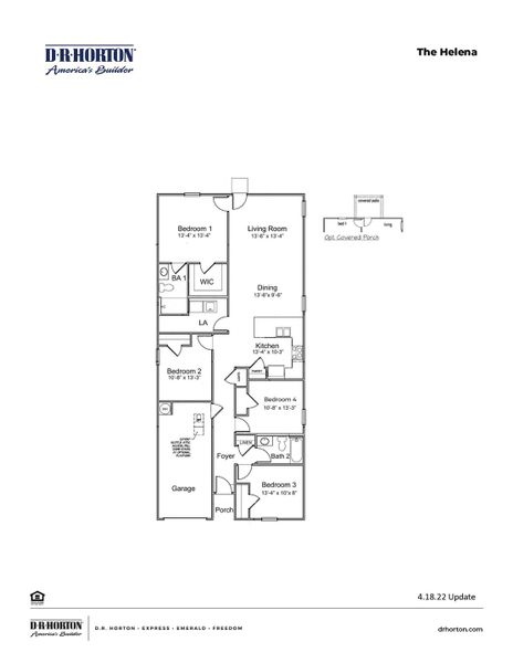 2D floor plan layout for the HELENA by D.R. Horton in Jordanville Farms, Galivants Ferry, SC (Image 5).