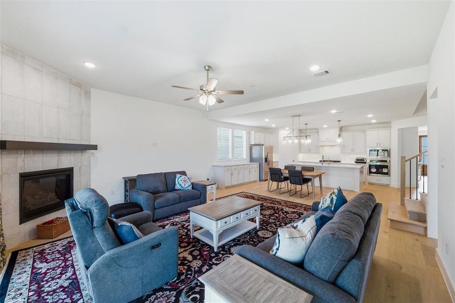 Cozy up to the fireplace with company