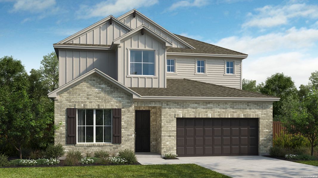 Front exterior of a new home in Foxbrook, Cibolo, TX, highlighting curb appeal (Image 1). Front exterior of a new home in Foxbrook, Cibolo, TX, highlighting curb appeal (Image 1).