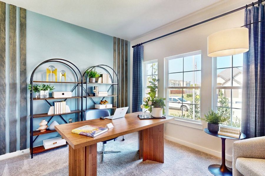 A room with a table and shelves with plants and a laptop.