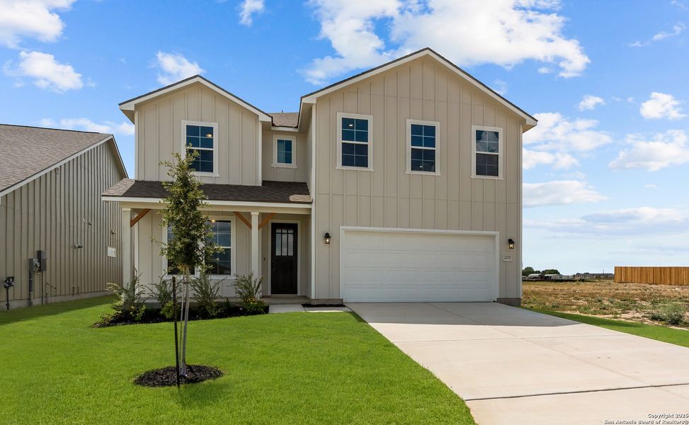 Front exterior of a new home in Weltner Farms 50’s, New Braunfels, TX, highlighting curb appeal (Image 19).